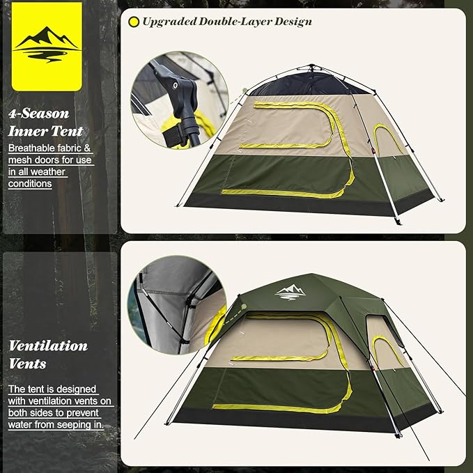 Camping Tent 2/3/4 Person Instant Pop Up Tents for Camping - 40s Automatic Easy Setup Tent with Rainfly, Double-Layer Waterproof & Windproof Instant Tents with Welcome Mat for Camping & Hiking