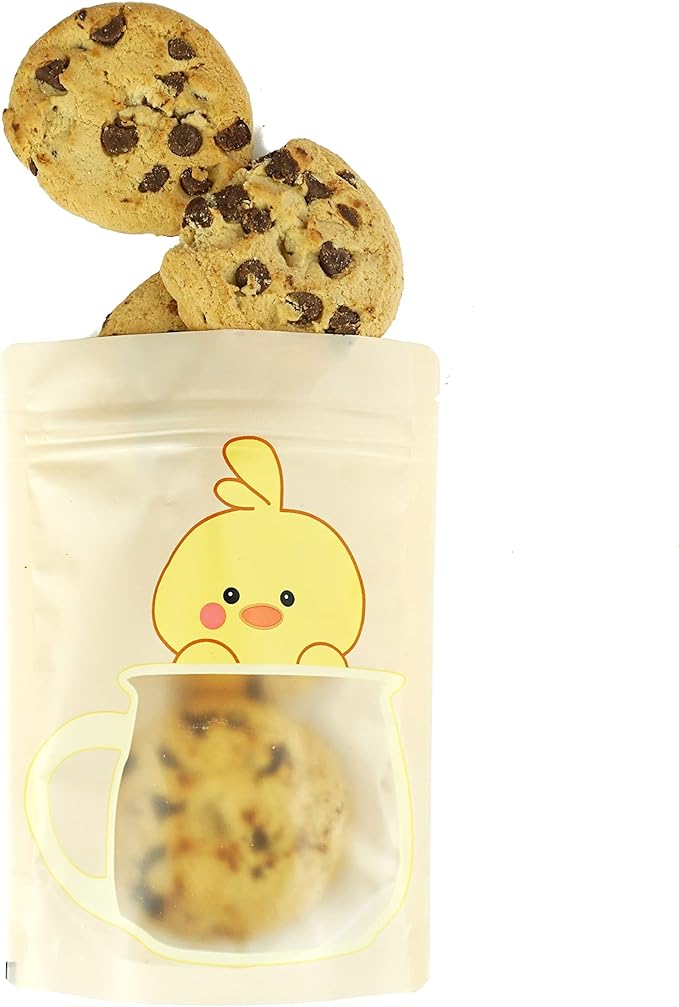 QQ Studio 100 Animal Designed Snack Bags, Plastic Bakery Bags, Cute Favor Bags for Snacks, Pastel Cookie Bags with Window, Zipper Seal Treat Storage Bags (5 Inch x 7 Inch, Peachy Duckling)