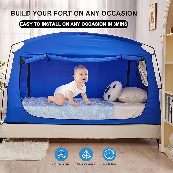 Privacy Sleep Indoor Bed Tent for Adults Kids, Portable Blackout 90% Canopy Tents with 3 Doors Breathable Mesh Windows