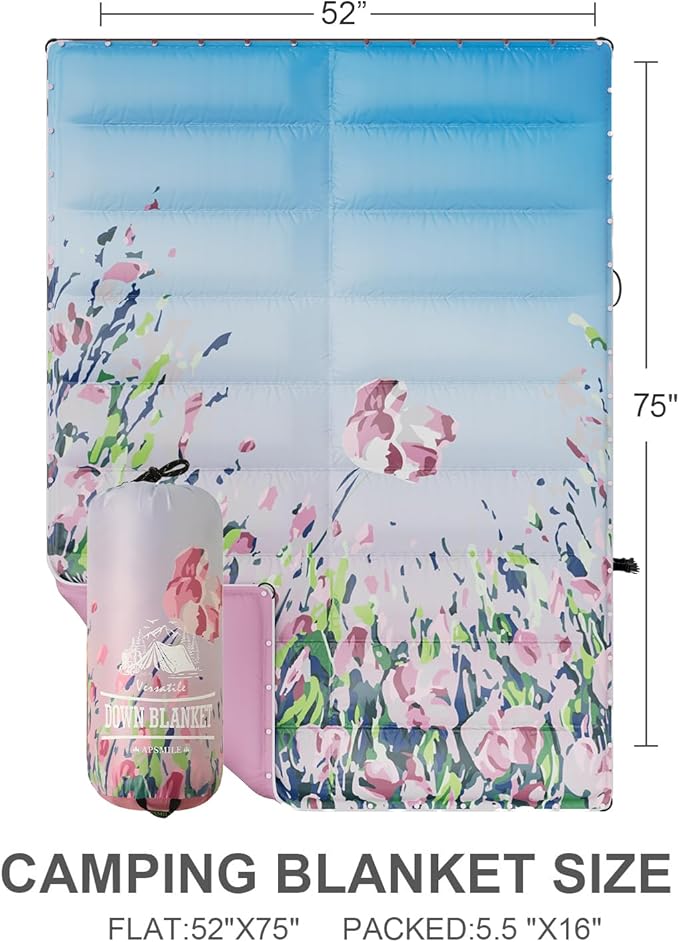 APSMILE Outdoor Down Blanket | Extra Warm & Puffy Camping Blanket | Water-Resistant, Lightweight, Packable Sleeping Quilt for Camp, Travel, Hiking, Picnic, Backpack (Flower Field HD Printed, 52"x75")