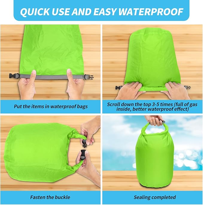 Dry Bag Set, Waterproof Small Lightweight Dry Bags for Paddle Board Kayaking, Fishing, Camping (Green, 2L+5L+10L)