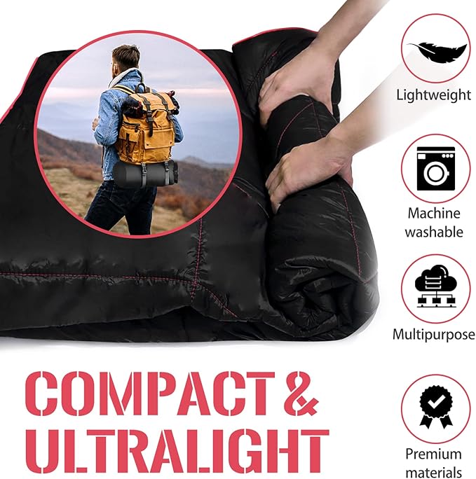 Outdoor Puffy Camping Blanket, Lightweight Down Alternative Puffy Printed Camping Large Ultra Warm Hammock Top Quilt Waterproof Blanket for Traveling Picnic Beach Party Cold Weather (Black)