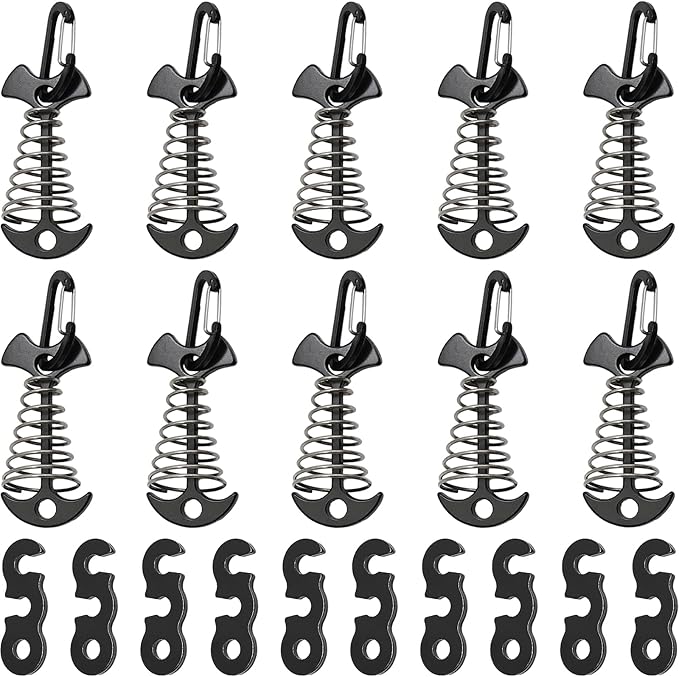 10 Pcs Deck Anchor Pegs Tent Stakes Large Size 55mm, Tent Pegs Anchors Aluminum Alloy Fishbone Spring Hooks Tent Stakes with Spring Buckle, Portable Wind Rope Anchor, Black