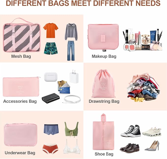 8 Set Compression Packing Cubes for Travel Essentials,Suitcase Organizer Bags, Carry-On Luggage Accessories with Laundry & Toiletry Bag, Road Trip & Camp Gifts for Men and women（pink）