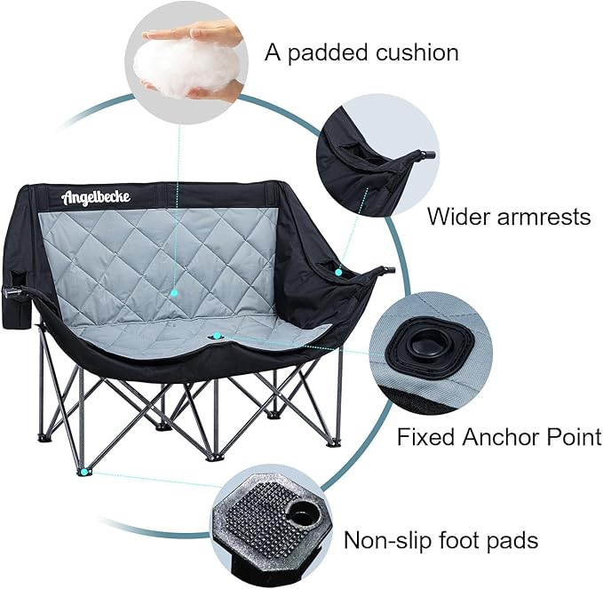 Double Camping Chair Oversized Padded Camping Sofa for 2 Person Heavy Duty Outdoor Folding Couch Portable Lawn Chair with Dual Cup Holders & Wine Glass Holders Weight Bearing 660LBS