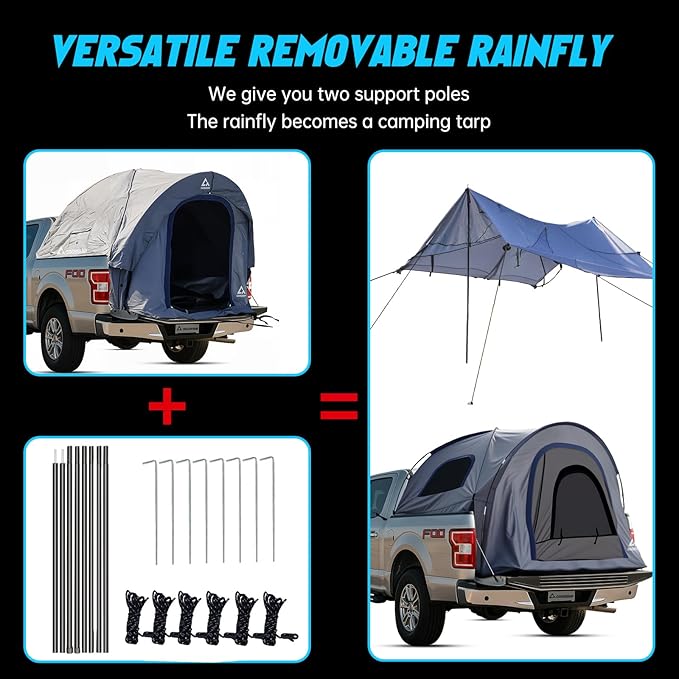 2-Person Truck Bed Tent with Awning, PU3000mm Waterproof Canopy with Insect-Prevention Mesh, Durable Anti-Tear Fabric, Easy Setup for Pickup Trucks (Fits 6.5ft Beds)