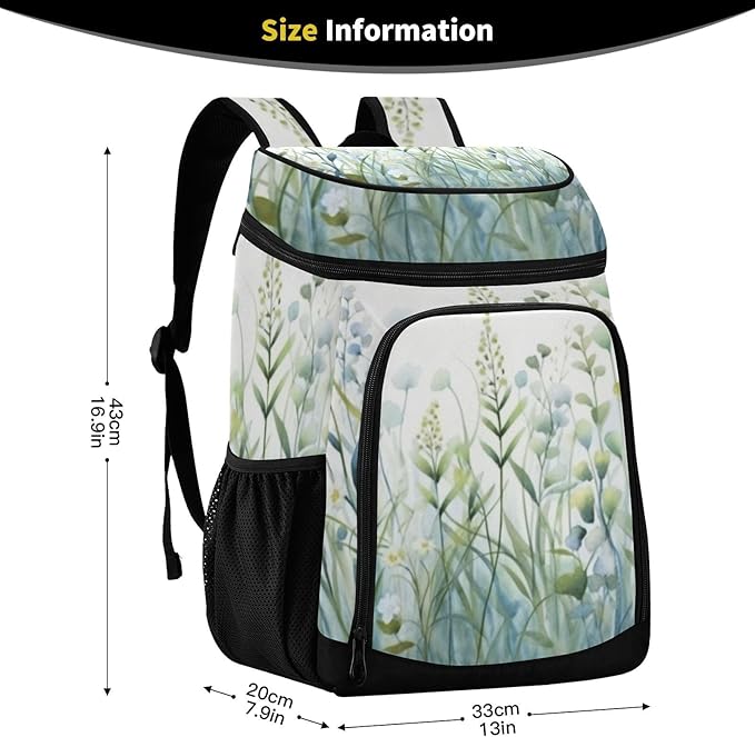 YETTASBIN Leakproof 36 Cans Cooler Backpack for Men Women - Green Wildflower Insulated Backpack Cooler Large Capacity Waterproof Lunch Bag for Hiking, Camping, Beach, Fishing, Work