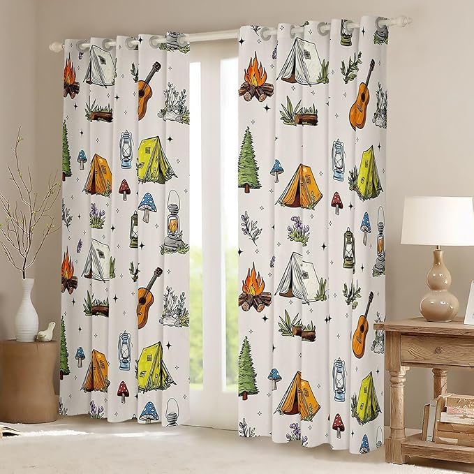 Feelyou Camping Camper Blackout Curtains Campfire Music Guitar Darkening Drapes for Bedroom Living Room Decor Happy Camping Thermal Insulated Shades Window Treatments, 2 Panels 42 x 63 Inch