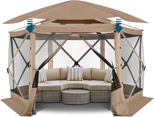COBIZI 12x12 FT Pop Up Canopy Stargazing Tent, Gazebos On Clearance with Removable Roof,Instant Screened in Gazebo, Screen Tents Portable carpas para Patio for Outdoor Camping,Backyard, Garden,Khaki