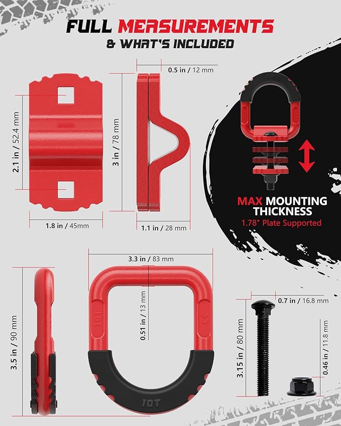 D-Ring Tie Down Anchors with Rubber Isolators, 4 Pack Heavy Duty 10 Ton Capacity Carbon Steel, Bolt-On with Mounting Hardware, Zinc & Powder Coated for Trailer, Truck, Pickup, Garage-Red