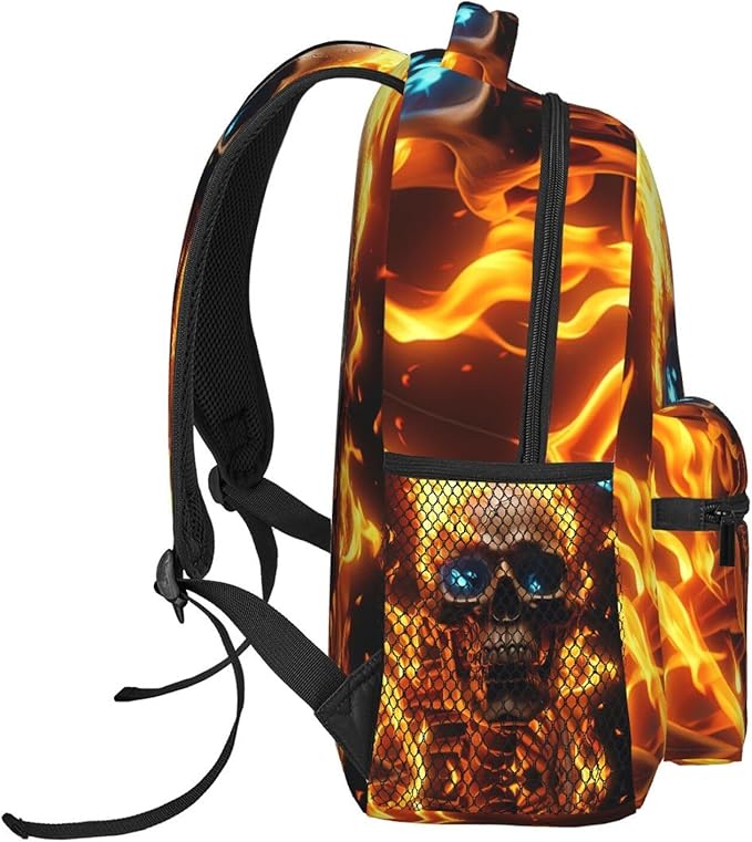 Daypack Backpack Polyester Anti-Theft Multipurpose Skull Flame Fire Art Bookbag Big Capacity Travel Hiking Camping Rucksack With Smooth Zippers
