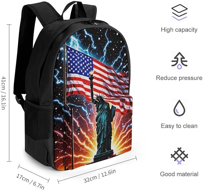 Shoulder Book Bags Anti-Theft Multipurpose Big Capacity Bookbag, American Usa Flag Lightning Statue Of Liberty Travel Hiking Backpack With Smooth Zippers