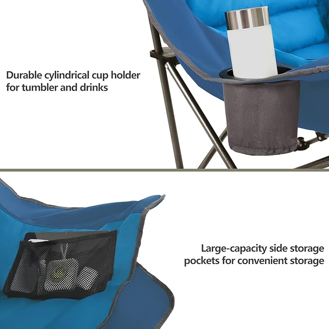 Oversized XL Padded Camping Chair Set of 2 Wide Heavy Duty Lawn Chairs Support 450 LBS Portable Folding Gaint Plus Camp Chair for Outdoor Outside Sports Baseball Soccer-Blue