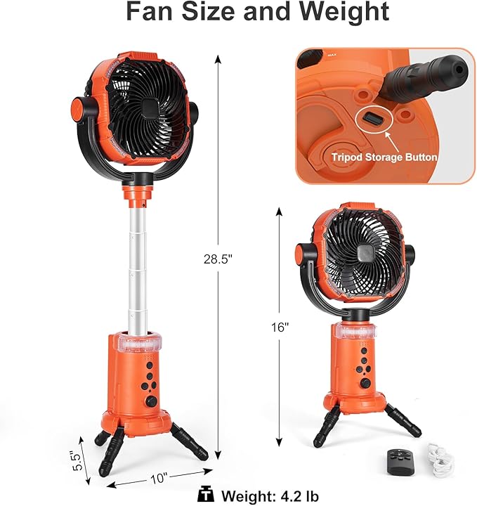 Odoland 20000mAh Camping Fan with Lantern, 360° Oscillation Rechargeable Battery Operated Outdoor Power Fan with Remote, Hook ＆ RGB Light for Camp, Family Travel and Jobsite, Orange