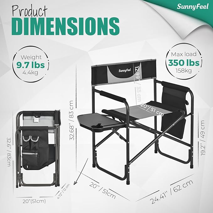 SUNNYFEEL Oversized Camping Directors Chair, Portable Folding Lawn Chairs for Adults Heavy Duty with Side Table,Pocket for Beach, Fishing,Picnic,Concert Outdoor, Foldable Camp Chairs