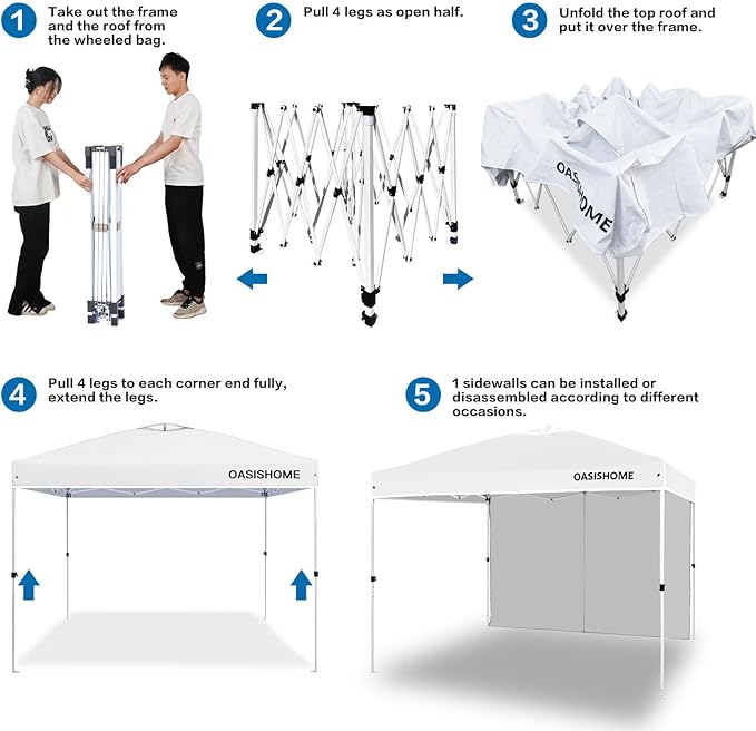 OASISHOME Pop-up Portable Outdoor Canopy Tent 10'x10' Instant Gazebo, with 1 Sidewall, Carry Bag, Stakes, Ropes, for Outdoor/Beach/Patio/Wedding Parties and Commercial Events (10FTx10FT, White)