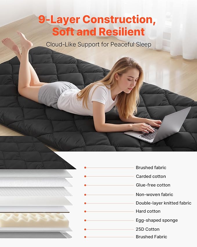 VEVOR 9-Layer Japanese Futon Mattress, 3.5" Thick Twin Tatami Mat, Foldable Roll Up Mattress for Sleeping with Storage Bag, Portable Floor Mattress for Camping Dormitory Yoga, Black