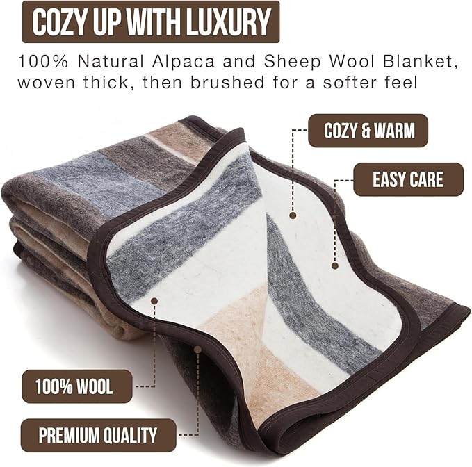 Natural Alpaca & Sheep Wool Blanket – Woven, Made in Peru - Full/Queen Size – Heavyweight Warmth, Thick, Breathable, Natural Texture & Scent, 72 x 88 Inches, 4.2 lbs