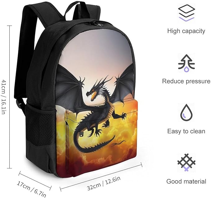 Polyester Daypack Backpack for Climbing Outdoors Running, Big Capacity Multipurpose Anti-Theft Bookbag, Fire Cool Dragon Travel Hiking Camping Rucksack