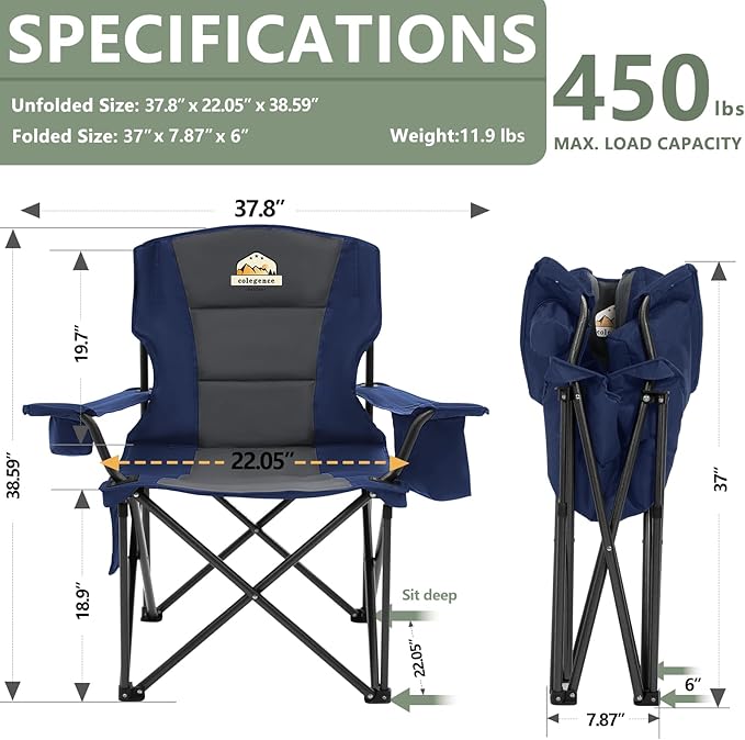 Oversized Camping Chairs 2 Pack - 450lbs Support Heavy Duty Folding Camp Chair Wide Portable Outside Collapsible Chairs with Carry Bag,Cooler,Cup Holder for Outdoor,Lawn,Sports,Baseball,Soccer-Navy