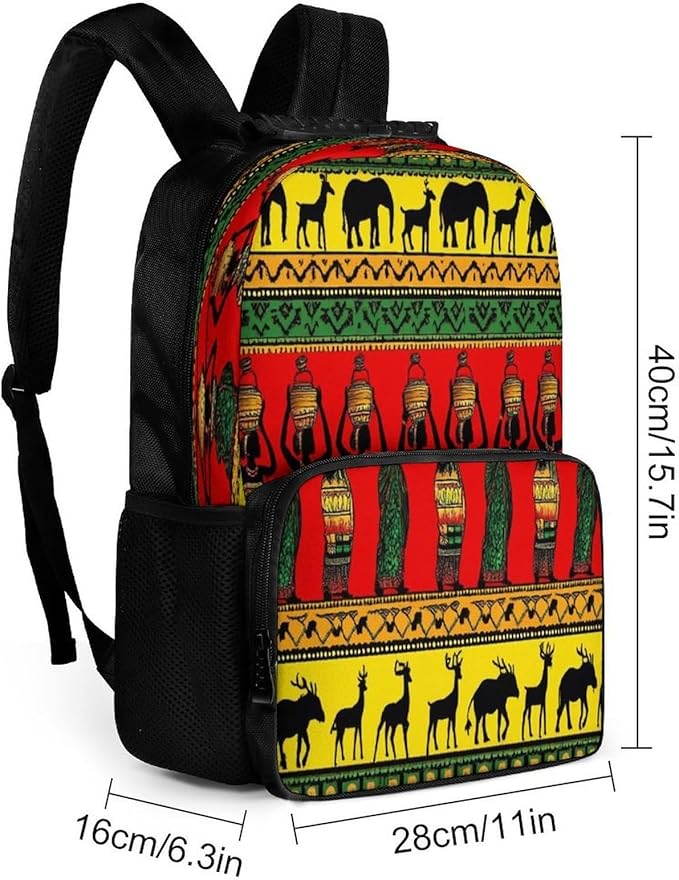 Polyester Daypack Backpack for Sports Travel Running, Big Capacity Anti-Theft Multipurpose Carry On Bag, Ethnic Tribal African Black Women Deer Elephants Art Laptop Book Bag Rucksack
