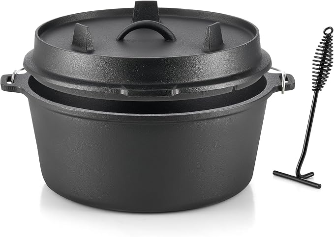 DARTMOOR 9 Quart Pre-Seasoned Cast Iron Dutch Oven with Lid and Lid Lifter Tool Outdoor Deep Camp Pot for Camping Fireplace Cooking BBQ Baking Campfire 9 QT