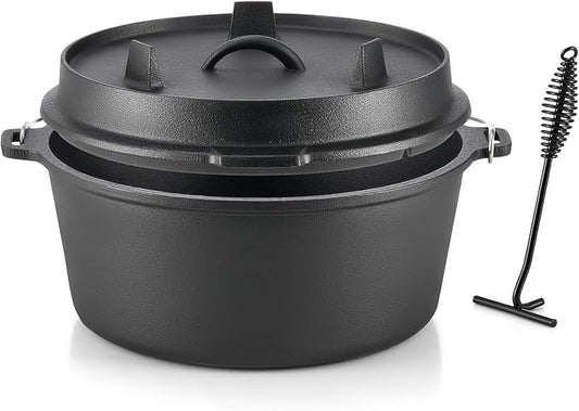 DARTMOOR 9 Quart Pre-Seasoned Cast Iron Dutch Oven with Lid and Lid Lifter Tool Outdoor Deep Camp Pot for Camping Fireplace Cooking BBQ Baking Campfire 9 QT