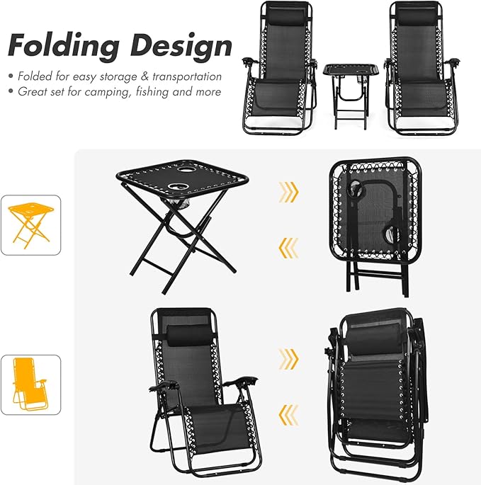S AFSTAR Zero Gravity Chairs Set of 2, 3 PCS Folding Lawn Chair Set With Side Table Cup Holders & Adjustable Headrest, Reclining Patio Chairs, Lounger for Patio Poolside