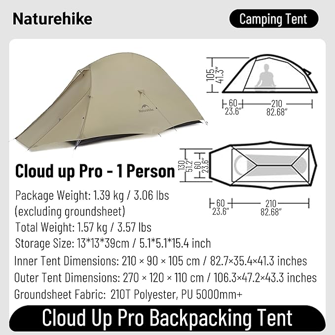 Naturehike Cloud up Pro Camping Tent, 1/2/3 Person Ultralight Tents, 3 Season Backpacking Tent, Waterproof for One Man, Self-Standing Easy Setup for Cycling, Outdoor Camp