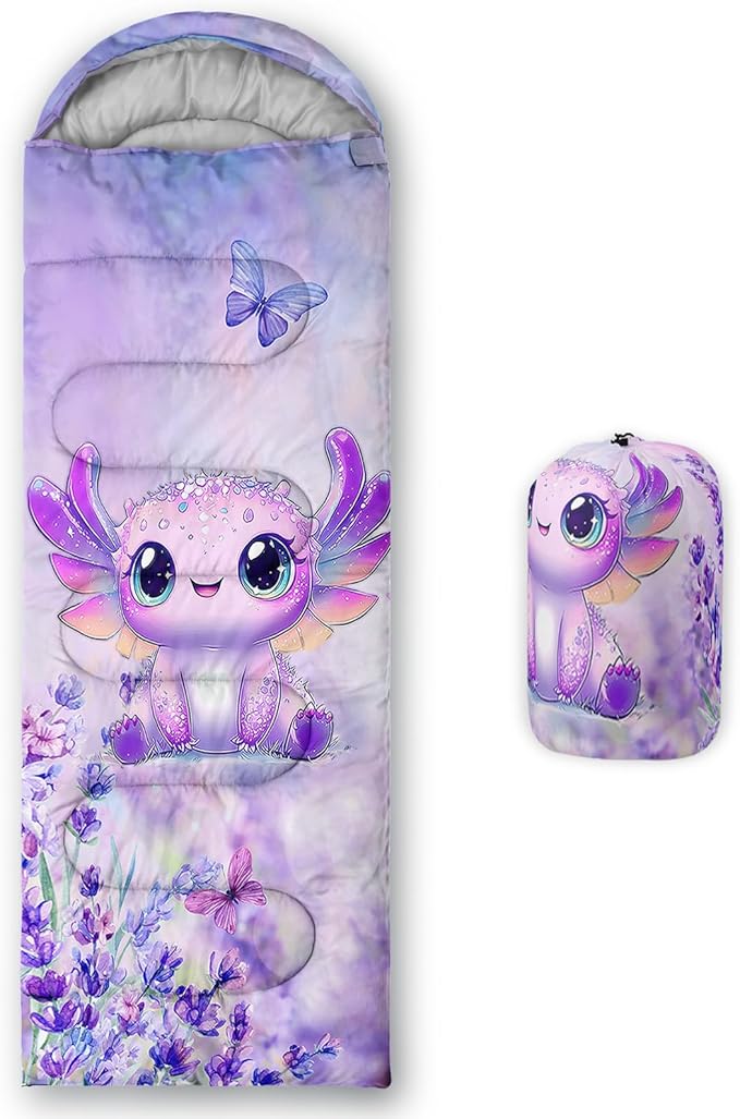 AILONEN Kawaii Puppy Sleeping Bag for Kids Boys Girls,Warm and Cool Weather,Lightweight,Waterproof Backpacking,Cartoon Cute Dog & Duck Animal Themed Blue Sleeping Bag for Camping