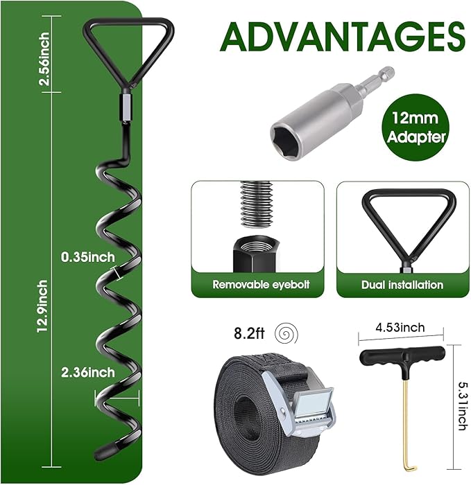 Earth Anchors Trampoline Heavy Duty Stakes Kit - Spiral Screw In Ground Anchors with Straps for Swing Set