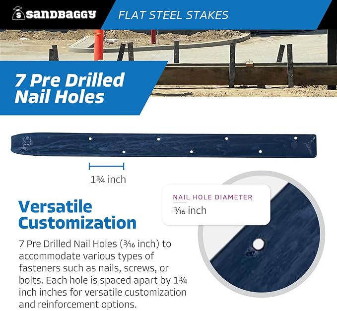 Sandbaggy Flat Steel Stakes for Concrete Forms with Nail Holes - 1.5" Wide - Painted - Removable, Reusable, V Point End - Construction Grade Stakes (20, 18 inch)