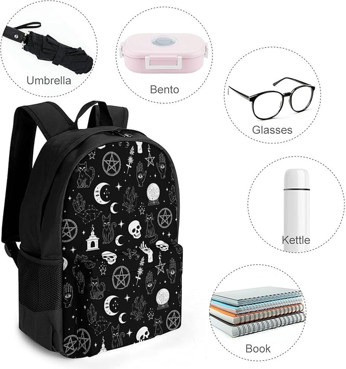 Men Women Lightweight Moon Gothic Skulls Raven Witch Board Black Cat Daypack Bookbag Big Capacity Carry On Bag With Side Pockets for Camping Travel Bicycle