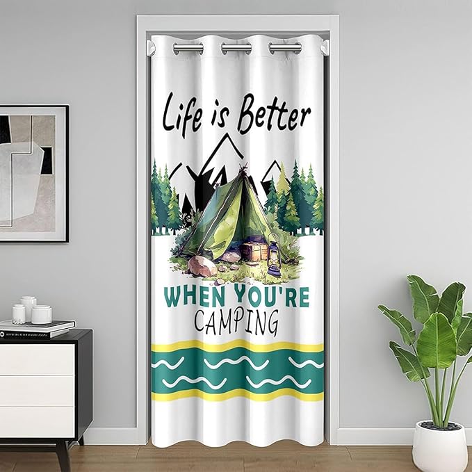 Happy Camping Adventure Kids Door Curtain,Tent Pine Tree Nature Rustic Blackout Curtain,RV Trailer Camper Outdoor Bedroom Doorway Living Room Decor,Green White Privacy Door Drape 1 Panel,52" W X 84" L
