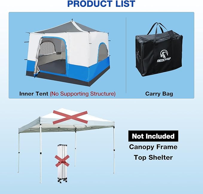 REDCAMP Canopy Camping Tent for Pop Up Canopy Tent, Inner Tent Converts Straight Leg 10'x10' or 10'x20' Canopy into Camping Tent, Fits 4-6 Person(Frame/Shelter NOT Included)