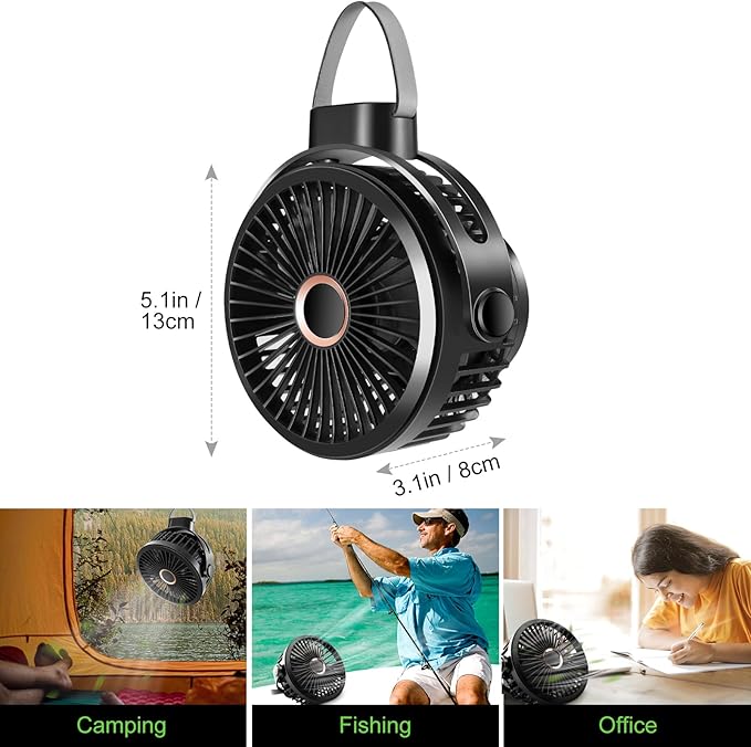 Odoland 10000mAh Camping Rechargeable Fan with Hanging Hook Carabiner, Portable Battery Operated Tent Fan, Quiet Strong Airflow, Outdoor Small USB Desk Fan for Picnic Travel Barbecue Fishing