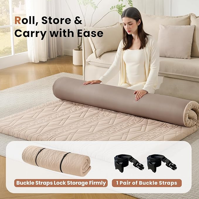 Japanese Floor Mattress Futon Mattress, 100% Cotton Washable Cover, Roll Up 2.5" Thick Tatami Mat, Portable & Foldable Floor Bed Mattress for Sleeping, Guest Room, Dormitory (Full, Coffee)
