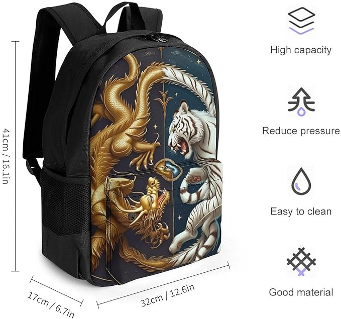 Supdreamc Shoulder Book Bags Polyester Multipurpose Anti-Theft Yin Yang Gold Dragon White Tiger Art Carry On Bag Large Capacity Travel Hiking Camping Rucksack