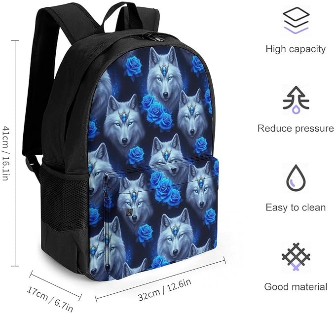 Convenient Anti-Theft Dual Shoulder Bag for Biking and Hiking Adventures, Blue Rose Wolf, Travel Hiking Daypack