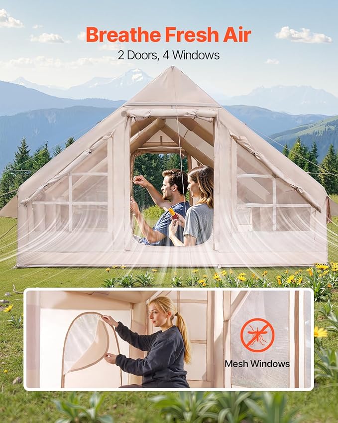 VEVOR Inflatable Tents for Camping, Easy Setup Blow up Tent with Hand Pump, 4 Season Glamping Tent with Stove Jack, Doors & Mesh Windows, Storage Bag Included for Easy Taking