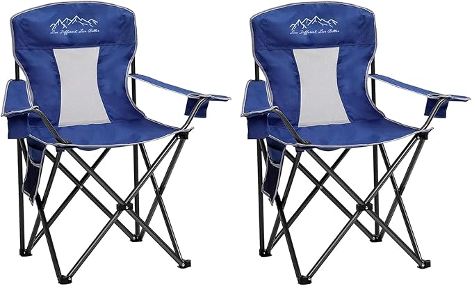 Outdoor Folding Camping Chair with Cup Holder, Storage Bag, Large Anti-Sink Feet, 325lbs Capacity, Breathable Mesh Portable Chair for Camping, Beach, Fishing, Sports, Blue 2Pack