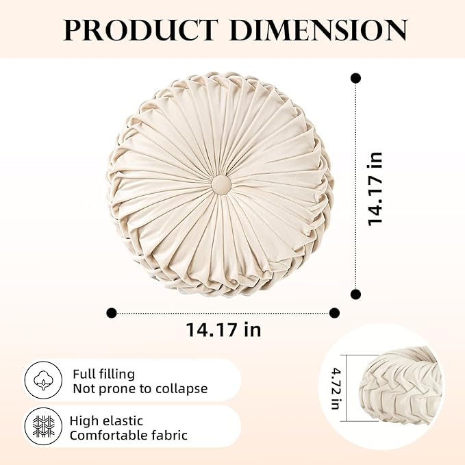 Round Throw Pillow Velvet Home Decoration Pleated Round Pillow Cushion for Couch Chair Bed Car Grey