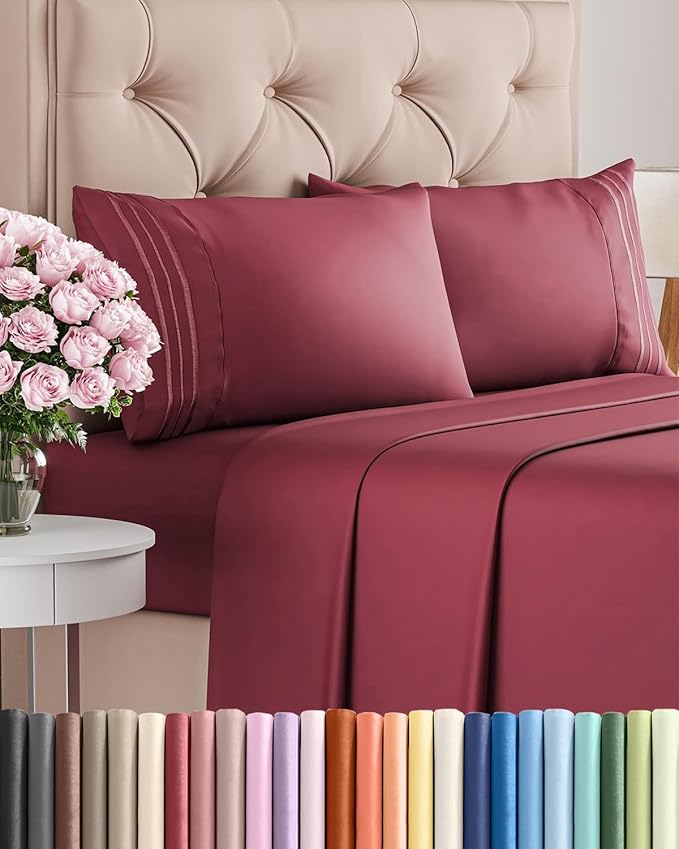 Cal King Size 4 Piece Sheet Set - Comfy Breathable & Cooling Bed Sheets Set - Hotel Luxury Bedding for Women, Men, Kids, Teens, Boys & Girls - Deep Pockets, Soft, Wrinkle Free - Oeko-Tex - Burgundy