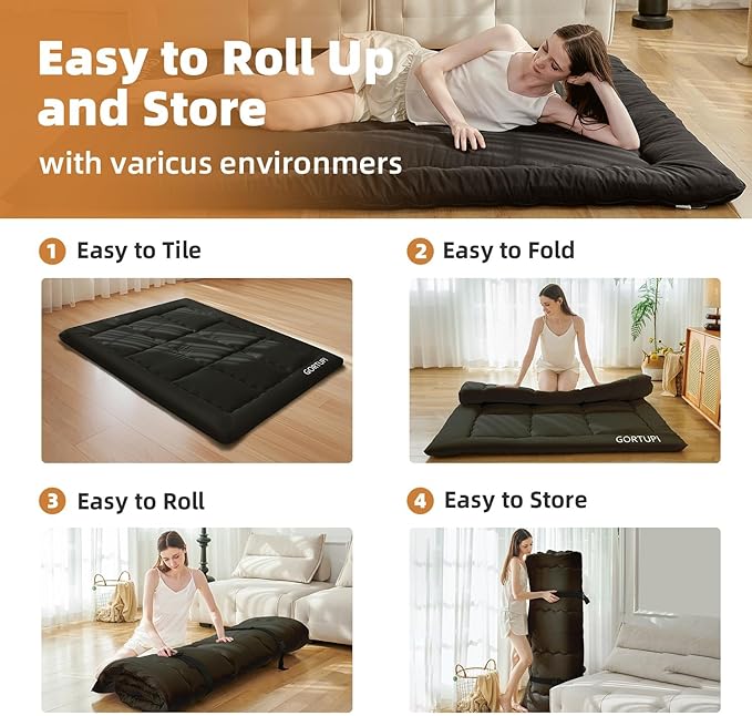 Japanese Floor Mattress,Futon Mattress 3" Black Thicken 100% High Density Comfortable Foam,Foldable Tatami Mat Sleeping Pad,Portable Floor Mattress Sleeping Pad for Adults,Twin Size 39"x 80"