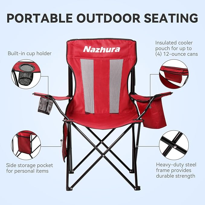 Nazhura 2 Pack Outdoor Camping Chairs Folding/Foldable/Portable with Cooler Pouch, Mesh Backrest and Cup Holder Pocket(Red, 2 Pack)