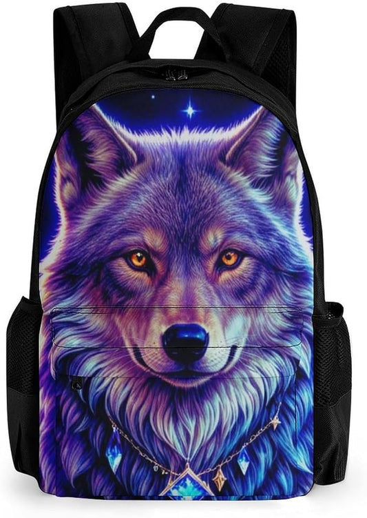 Men Women Lightweight Blue Universe Galaxy Magic Wolf In The Space Casual Daypack Large Capacity Bookbag With Adjustable Shoulder Straps for Gym Business Bicycle