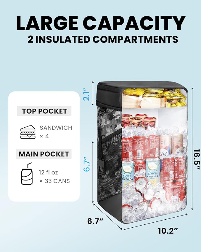 OutdoorMaster Cooler Backpack with Leak-Proof Design, 2 Insulated Compartments Portable Thermal Bag for Camping, Beach, Travel, Lunch, Drink, Ice