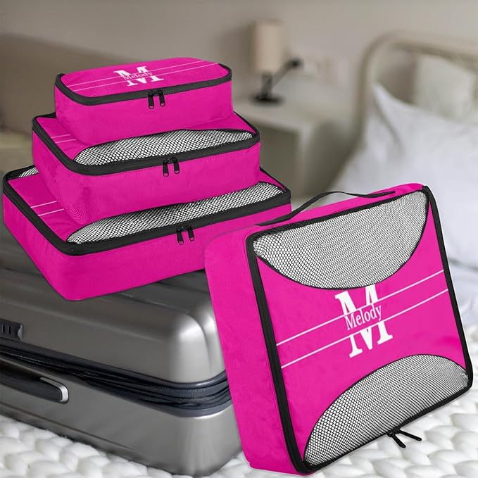 Custom 4 Set Packing Cubes for Travel, Personalized Deep Pink with Initial Letter Mesh Travel Luggage Packing Organizers for Women Men