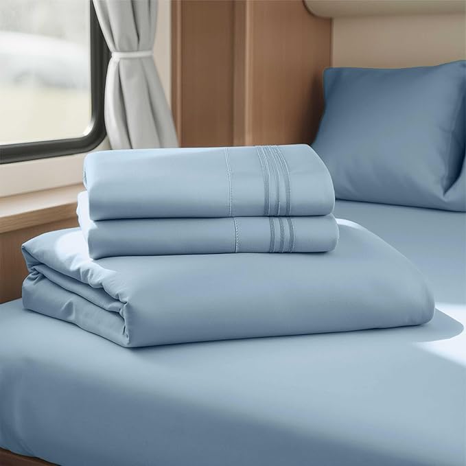 Hearth & Harbor Short Queen Sheets for RV, Stone Blue RV Queen Sheets, Silky Soft 1800 Microfiber Bed Sheet for Camper, 4 Piece RV Bedding with Pillowcases
