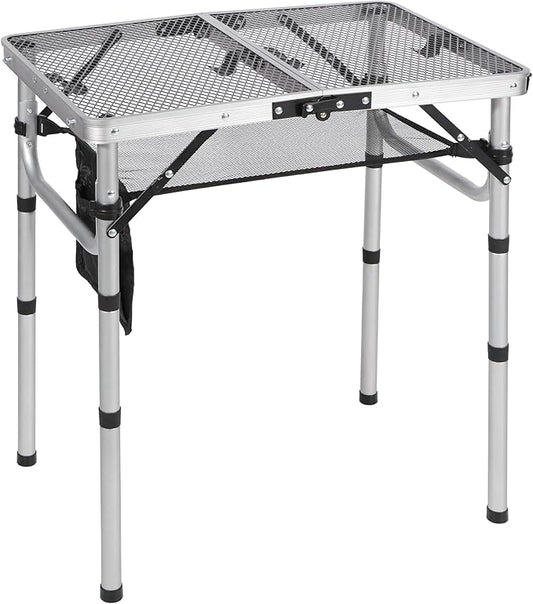 REDCAMP Small Folding Grill Table for Outside, 2Ft Lightweight 4 Height Adjustable Portable Metal Table with Mesh Desktop, Outdoor Table for Camping Picnic Beach and BBQ, Silver